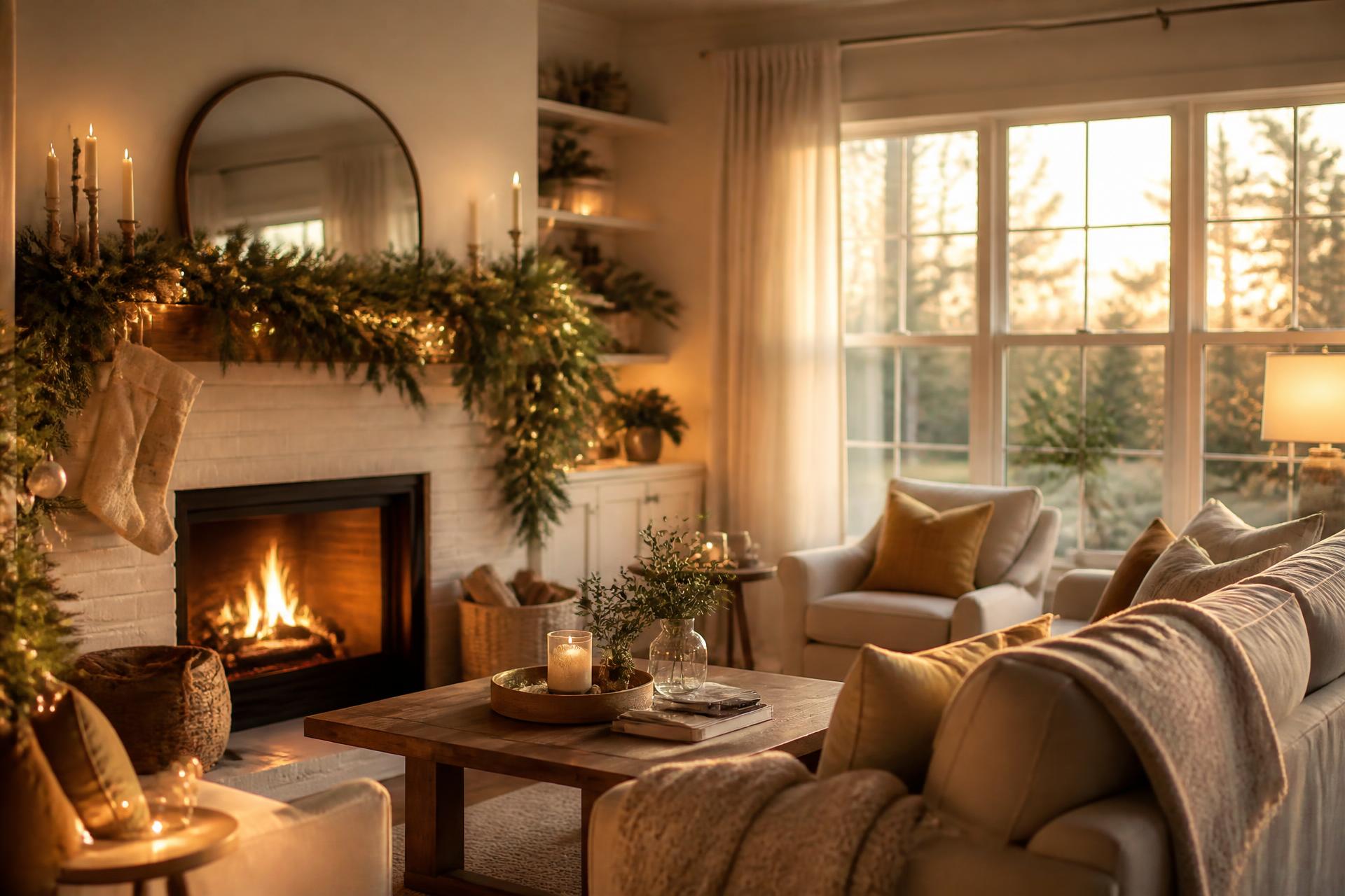 A warm, greenery-trimmed living room decorated for the holidays